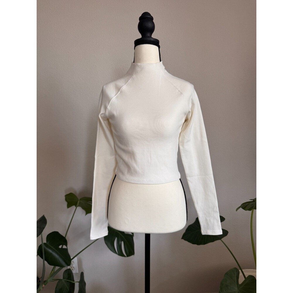 NWOT ZARA Ivory Mock Neck Long Sleeve Cotton Stretch Top Size L Minimalist Basic